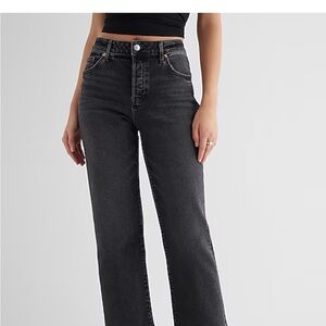 Express High Waisted Washed Black Relaxed Straight Ankle Jeans